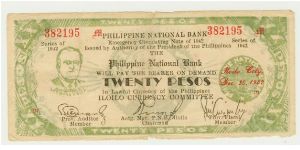 WWII PHILIPPINES TWENTY PESO ROOSEVELT GUERILLA/EMERGENCY NOTE FROM ILOILO. Banknote