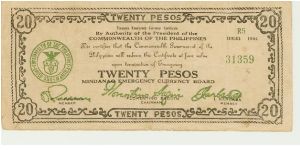 WWII 1944R5 PHILIPPINES TWENTY PESO GUERILLA/EMERGENCY NOTE FROM MINDANAO. Banknote