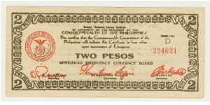 WWII PHILIPPINES 1944D TWO PESO GUERILLA/EMERGENCY NOTE FROM MINDANAO.EF/AU. Banknote