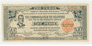 WWII 1942D PHILIPPINES QUEZON GUERILLA/EMERGENCY NOTE FROM BACOLOD CITY, NEGROS OCCIDENTAL. Banknote