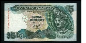 5 Ringgit.

Yang-Di Pertuan Agong, First Head of State of Mlalaysia (died 1960) on face; King's Palace at Kuala Lumpur on back.

Pick #35A Banknote