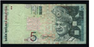 5 Ringgit.

Yang-Di Pertuan Agong, First Head of State of Mlalaysia (died 1960) on face; modern buildings (Petronas Towers) on back.

Pick #41b Banknote