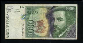 1000 Pesetas.

5th Centennial of the Discovery of America by Spain Issue.

Hernan Cortes at right on face; Francisco Pizarro in vertcal format on back.

Pick #163 Banknote