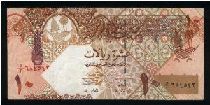 10 Dinars.

Arms at upper right on face; traditional Dhow and sand dunes Khor Al-Udeid at left on back.

Pick #22 Banknote