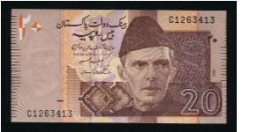 20 Rupees.

Mohammed Ali Jinnah at right on face; wiew of Moen-Jo Daro (Larnaka) on back.

Pick #new Banknote
