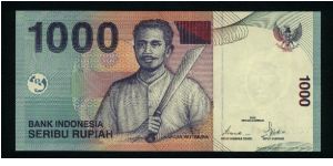 1000 Rupiah.

Kapitan Pattimura at center on face; fishing boat and volcano on back.

Pick #141a Banknote