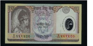 10 Rupees.

Commemorative Issue; accession to the throne of King Gyanendra Bir Bikram.

Polymer Plastic.

King Gyanendra Bir Bikram at left, Vishnu on Garnda at center on face; antelopes at center on back.

Pick #45 Banknote