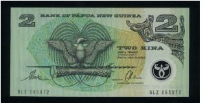 2 Kina.

Polymer plastic.

Stylized Bird of Paradise at left center on face; artifacts at center on back.

Pick #16b Banknote