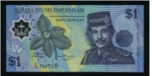 1 Ringgit.

Polymer plastic.

Sultan Jam'Asr Hassan Bolkiah at right, riverside simpur plant at center on face; rain forest waterfall at left center on back.

Pick #22 Banknote