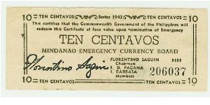 VERY SCARCE MINDANAO TEN CENTAVOS WWII GUERILLA /EMERGENCY CURRENCY ISSUE OF THE PHILIPPINES Banknote