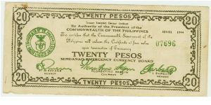 WWII PHILIPPINES 20 PESO GUERILLA/EMERGENCY NOTE. Banknote