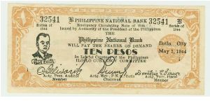 WWII PHILIPPINES 10 PESO GUERILLA/EMERGENCY NOTE ON EXTREMELY FINE PAPER, AND IN AU! Banknote