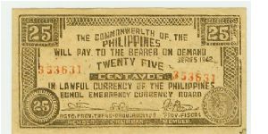 SCARCE WWII PHILIPPINES 25 CENTAVOS GUERILLA/EMERGENCY NOTE. Banknote