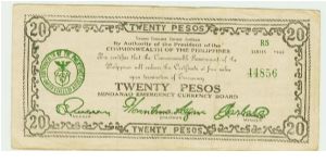 WWII PHILIPPINES 20 PESO GUERILLA/EMERGENCY NOTE. Banknote