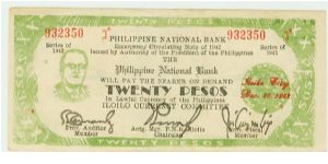 WWII PHILIPPINES 20 PESO GUERILLA/EMERGENCY NOTE HONORING PRES. ROOSEVELT. Banknote