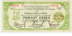 THIS IS THE ERROR VARIETY. WWII PHILIPPINES 20 PESO roosAvelt GUERILLA/EMERGENCY NOTE. PRES.ROOSEVELT'S NAME MIS-SPELLED. Banknote