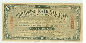 SCARCE WWII PHILIPPINE 1 PESO GUERILLA/EMERGENCY NOTE. Banknote