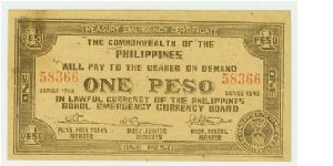 WWII PHILIPPINES 1 PESO GUERILLA/EMERGENCY NOTE. Banknote