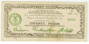 WWII PHILIPPINES 20 PESO GUERILLA/EMERGENCY NOTE.

MY ENTIRE COLLECTION OF 300 NOTES WILL BE SOLD AS A PACKAGE. PLEASE HAVE A LOOK. Banknote