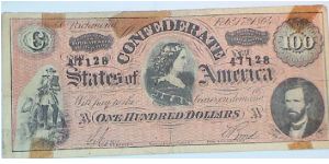 100 Dollars. Confederate States Banknote