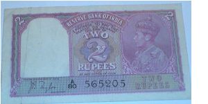 British-India. 2 Rupees. George VI. JB Taylor signature. Banknote