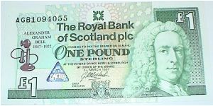 1 Pound.Royal Bank of Scotland. 150th Birth Anniversary of Alexander Graham Bell Commemorative. Banknote