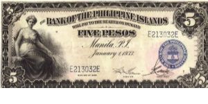 PI-22 1933 Bank of the Philippine Islands 5 Peso note. Banknote