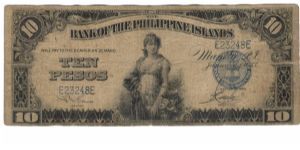 PI-23 This is a 1933 Bank of the Philippine Islands 10 Peso note. I will accept either monitary offers or reasonable trade for this item. See pictures for grade. Banknote