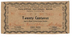 S-574 Misamis Occidental Philippine National Bank 20 Centavos note. I will accept either monitary offers or reasonable trade for this item. Please see pictures for condition. Banknote