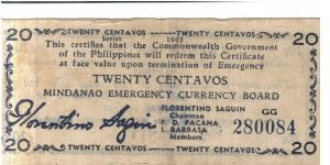 S-503, Mindanao Emergency Currency Board 20 Centavos note. I will accept either monitary offers or reasonable trade for this item. Please seen pictures for condition. Banknote