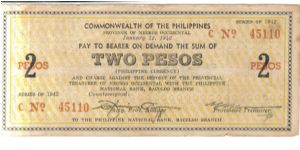 S-636, Negros Occidental 2 Peso note. I will accept either  monitary offers or reasonable trade for this item. Please see pictures for condition. Banknote