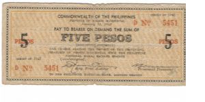 S-637 Negros Occidental 5 Peso note. I will accept either monitary offers or reasonable trade for this item. Please see pictures for condition. Banknote