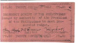 S-122, 20 Centavos Apayao War note, dull red. Banknote