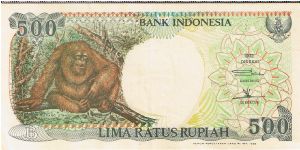 Indonesia 1996 500 rupiah (1992 series). Featuring the Orangutan and a typical Indonesian village house. Banknote