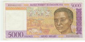 NOTE 340 IS A COLORFUL 5000 FRANCS FROM MADAGASCAR. I HAVE BEEN ADDING A NOTE EVERY DAY UNTIL THIS COMPILATION OF NOTES REACHES 350 TOTAL. THIS IS A GREAT BUY FOR SOMEONE! Banknote