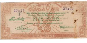 S-192 Cagayan 5 Peso note with Green text. Banknote