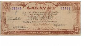 S-191a Cagayan 5 Peso note with black text. Banknote
