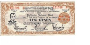 S-317a Ilocos 10 Peso note. Red overprint date. Banknote