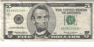 US 1999 5 dollar note. (Star) Well circulated. Banknote