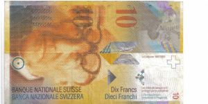 Switzerland 1995 10 francs. Well circulated. Banknote