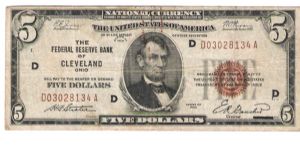 National Currency-5 dollar bill Bank of clevland signatures Jones/Woods/Strater/Fancher Banknote
