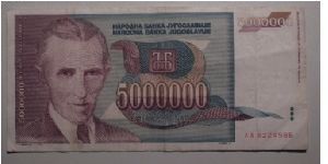 Yugoslavia 5 million dinara. Nikolai Tesla on front Banknote