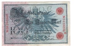 Reichbanknoten IMPERIAL BANK NOTES 1908 ISSUE #33a Red seal and serial and serial # is 29mm long Banknote