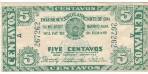 S-301 Iloilo Emergency Circulating 5 centavos note. Banknote