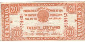 S-303 Iloilo Emergency Circulating 20 centavos note. Banknote