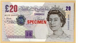 20 Pounds specimen - rarely seen in specimen format . Visit www.doudarbanknotes.com for more Banknote