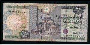 20 Pounds.

Enhanced security features.

Mohammed Ali Mosque at center on face; archaic sculptures from Chapel of Sesostris I and archaic war chariot on back.

Pick #63 Banknote