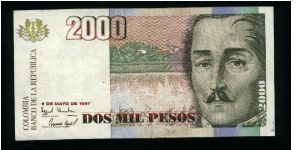 2000 Pesos.

General Francisco de Paula Santander at right on face; Casa de Moneda building, entrance at left center on back.

Pick #445 Banknote