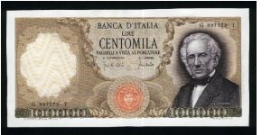 100,000 Lire.

Alessandro Manzoni at right on face; mountain lake scene from I Promessi Sposi on back.

Pick #100b Banknote