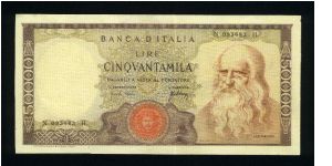 50,000 Lire.

Leonardo da Vinci at right on face; city wiew of Vinci (Tuscany) on back.

Pick #99a Banknote